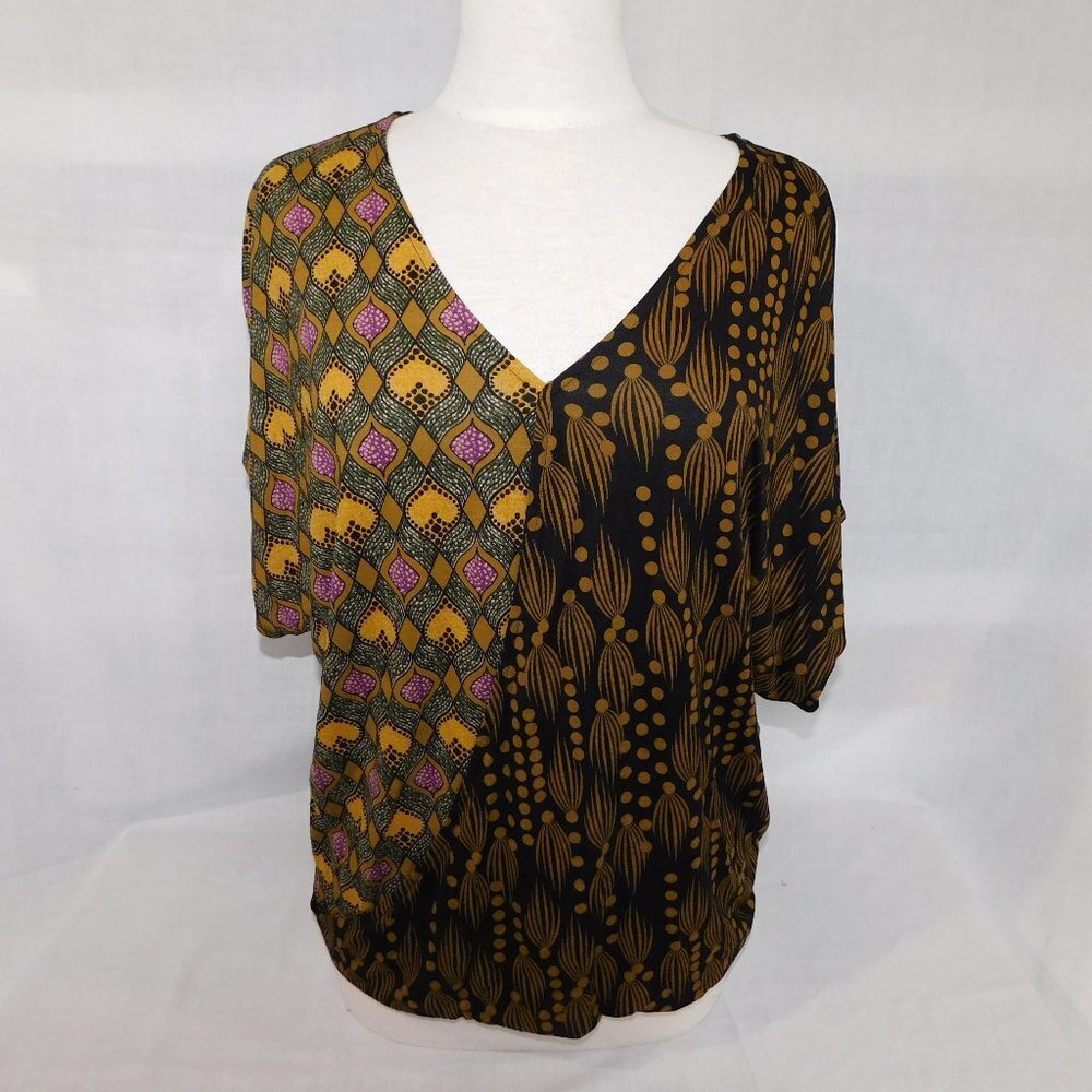 Desigual Yolande Split Print Top Black Brown Yellow Short Sleeve Womens M